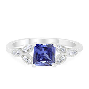 Art Deco Design Engagement Ring Princess Cut Simulated Blue Tanzanite CZ 925 Sterlig Silver